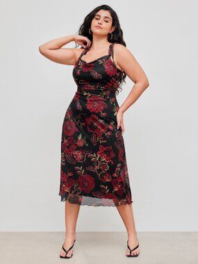 CUTE Cider Curve Mesh Squareneck Floral Midi Dress 2X Black Red Like New [10177]